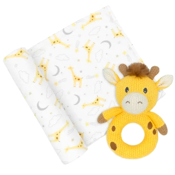 'Noah Giraffe' Swaddle & Ring Rattle Gift Set - Picture 2 of 3
